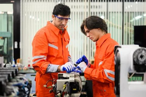 Engineers working and solving problems on machine at industrial plant Stock Photos