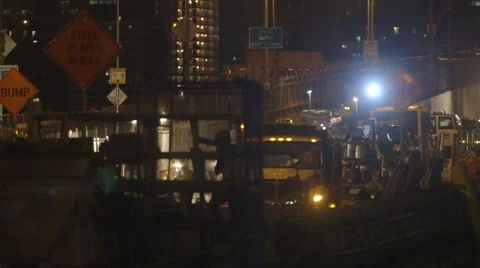 Engineers working on construction site of bridge, New York City Stock Footage 61132410
