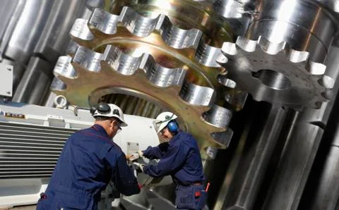 Engineers working with metal cogs Stock Illustration