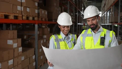 Engineers working on plan of warehouse renovation Stock Footage 161947497