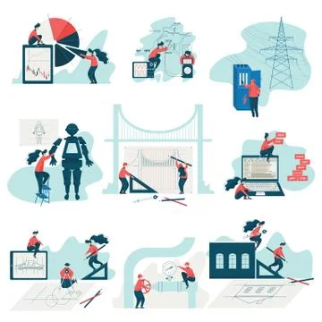 Engineers Working at Projects Set, Programmers, Electricians, Architects Stock Illustration