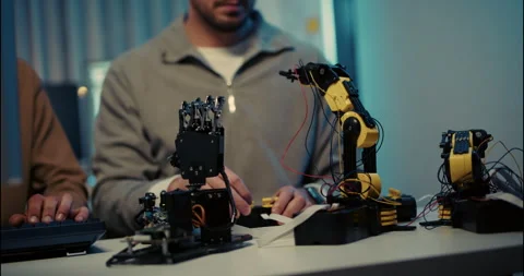 Engineers Working with Robotic Arms and Electronic Prototypes in Tech Lab. Video stock 306739925
