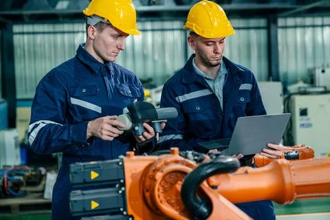 Engineers working with robotic automation technology in a modern factory se.. Stock Photos
