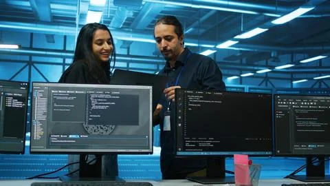 Engineers working in server hub capable of storing vast amounts of data Stockfoto's