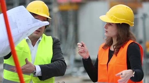 Engineers working together on blueprints at construction site Stock Footage 60152912