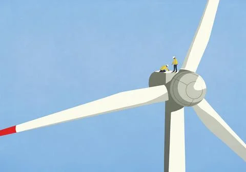 Engineers working on top of large wind turbine Stock Illustration