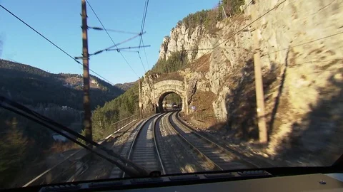 Engines driver point of view_freight train in the opposite direction Stock Footage 71297492