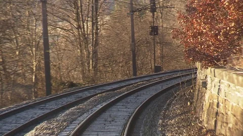 Engines driver point of view_train going round a curve Stock Footage 71318752