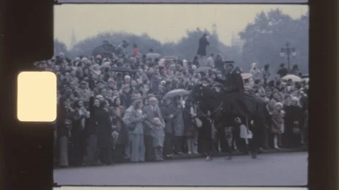 England 1970s, crowd and mounted police outside Buckingham Palace Stock Footage 338169714