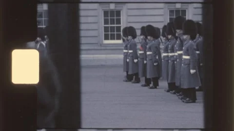 England 1970s, Royal Guards marching ceremony at Buckingham Palace Stock Footage 338172102