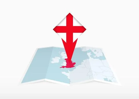 England is depicted on a folded paper map and pinned location marker with f.. Stock Illustration