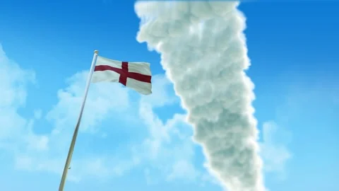 England Flag 3D Render Animation on Pole with Fighter Jets Smoke Trails in B Video stock 333257491