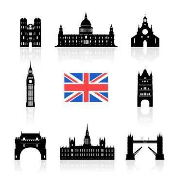 England Landmarks Icon Set. Stock Illustration