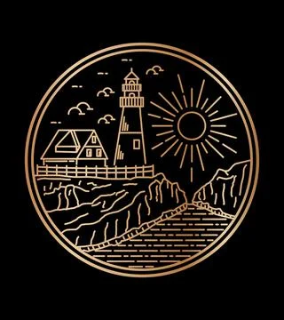 England lighthouse vector design on sea cliff in mono line art Stock Illustration