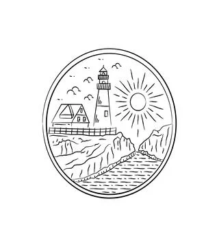 England lighthouse vector design on sea cliff mono line art ,badge patch pin  Illustrazione stock