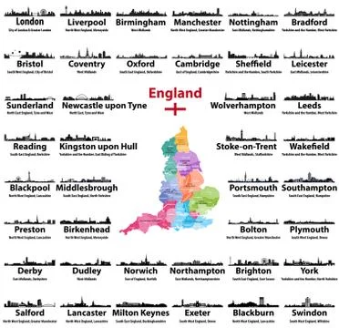 England map and cities skylines with names of city, region and ceremonial county Stock Illustration