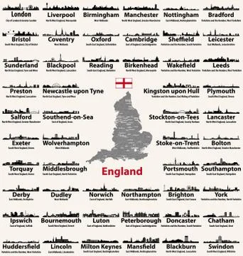 England map and cities skylines with names of city, region and ceremonial county Stock Illustration