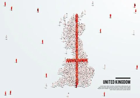 England Map and Flag. A large group of people in the UK flag color. Stock Illustration