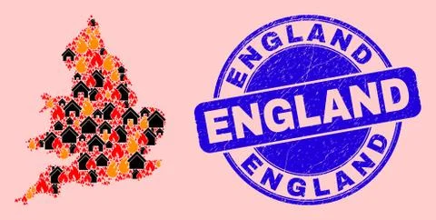 England Map Collage of Flame and Houses and Grunge England Seal Stamp Ilustração Stock