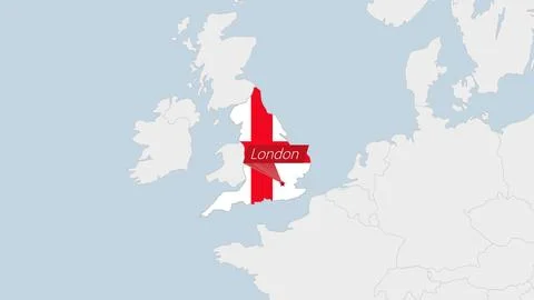 England map highlighted in England flag colors and pin of country capital L.. Stock Illustration