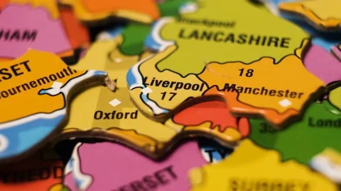 England Map Puzzle Blocks with English Cities Manchester, Liverpool, Oxford. Video stock 230213973
