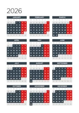 English 2026 Vertical 3x4 Grid Yearly Calendar Template Minimalist Corporate Ann Stock-Illustration