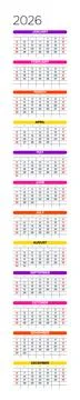 English 2026 Vertical Linear Grid Efficiency Annual Calendar Template Minimalist Stock-Illustration