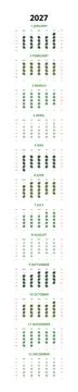 English 2027 Vertical Linear Grid Green Leaf Botanical Annual Calendar Sust.. Stock Illustration