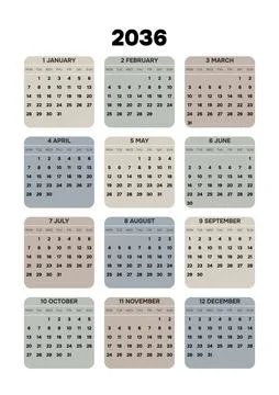 English 2036 Vertical 3x4 Grid Executive Annual Planner Template Minimalist Year 스톡 일러스트