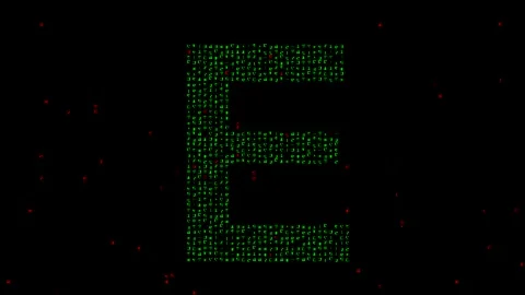 English alphabet E with matrix code on plain black background Stock Footage 241502723