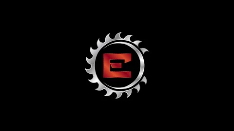 English alphabet E with the saw blade. woodworking logo video animation Stock Footage 293474774