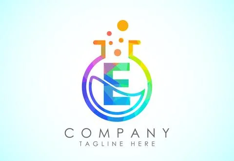 English alphabet E with science lab emblem. Low poly style lab science tech.. Stock Illustration
