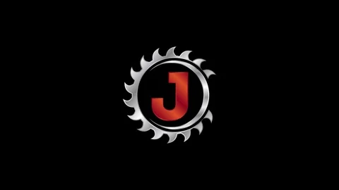 English alphabet J with the saw blade. woodworking logo video animation Stock Footage 293474792