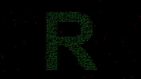 English alphabet R with matrix code on plain black background Stock Footage 246349317