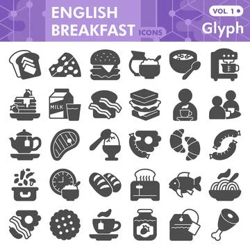 English breakfast solid icon set, food symbols collection or sketches. English Stock Illustration