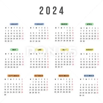 English calendar 2024 year. Vector square stationery calendar week ...