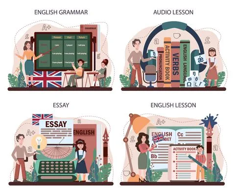 English class concept set. Study foreign languages in school. Grammar Stock Illustration