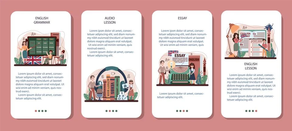 English class mobile application banner set. Study foreign languages Stock Illustration