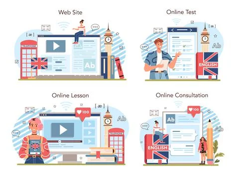 English class online service or platform set. Study foreign languages Stock Illustration