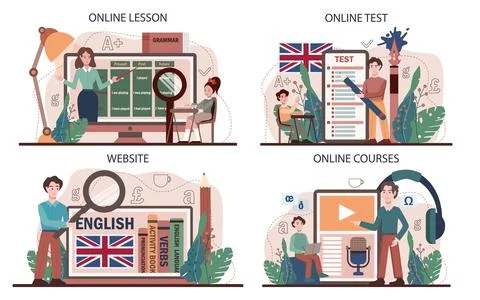 English class online service or platform set. Study foreign languages in school Stock Illustration