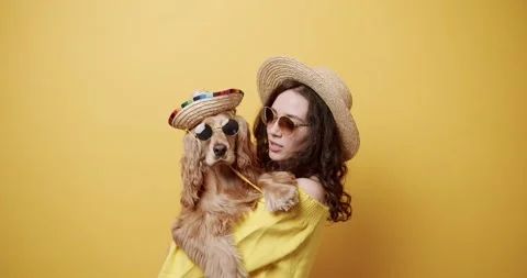 English Cocker Spaniel with a hat and sunglasses posing with a woman in studio. Stock Footage 169358604