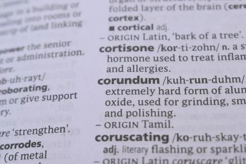 English Dictionary Book Page Close Up With The Word Definition Of - corundum Foto stock