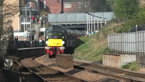 An English Electric type 4 (class 40) with an excursion train. Stock Footage 221258920