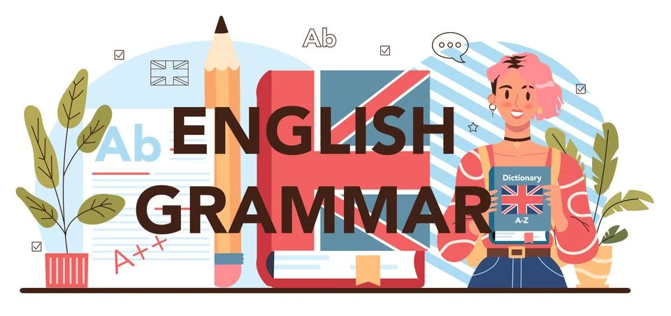 English grammar typographic header. Study foreign languages in school Stock Illustration