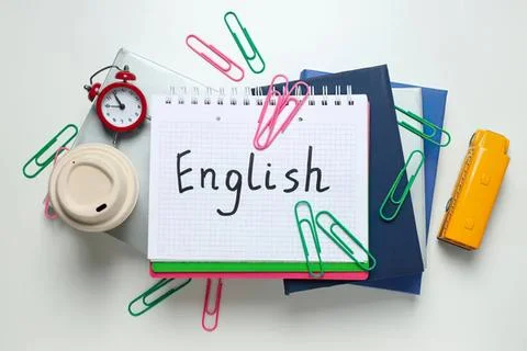 English language study materials with notebooks and stationery Foto stock