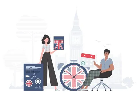 English language team. The concept of learning English. Trendy cartoon styl.. Stock Illustration