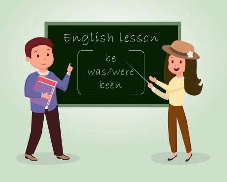 English lesson flat vector illustration. Tutor explaining, pointing at Stock Illustration