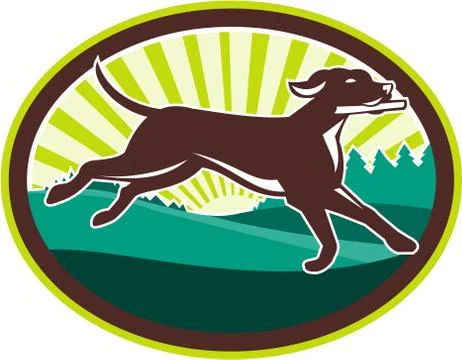 English Pointer Dog Fetching Stick Oval Retro Stock Illustration