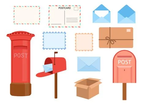 English red post box, open and closed envelopes and blank postcard. Vector Stock Illustration