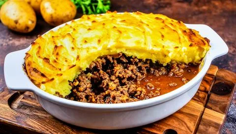 English Shepherds Pie with Mashed Potatoes and Minced Lamb for Premium Food.. Stock Photos